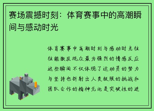 赛场震撼时刻：体育赛事中的高潮瞬间与感动时光